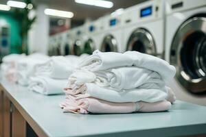 Row of washing machine of laundry business in the public store. Generative AI photo