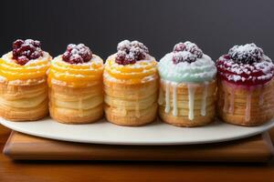 photos of tarts in indoor kitchen table photo studio AI Generated