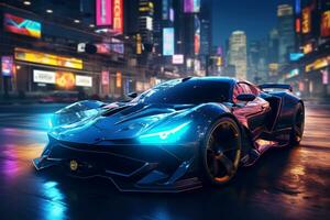 futuro carros en un cyberpunk ciudad con espumoso neón luces ai generativo foto