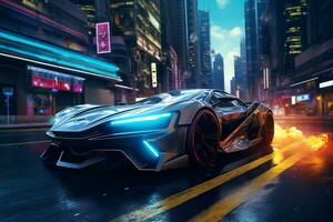 Future cars in a cyberpunk city with sparkling neon lights AI generative photo