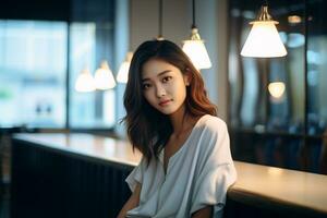 hermosa asiático niña sentado dentro un acogedor café ai generativo foto