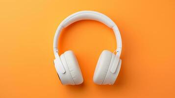 A white headphone set in orange plain background AI generative photo