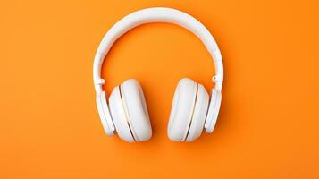 A white headphone set in orange plain background AI generative photo