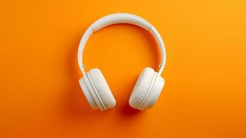 A white headphone set in orange plain background AI generative photo