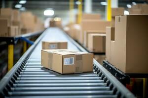 parcel box packages moving along a conveyor belt in a warehouse for e-commerce, delivery, automation, and products. Generative ai photo