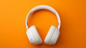 A white headphone set in orange plain background AI generative photo