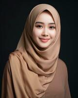 Beautiful asian girl wearing long hijab standing in plain background AI generative photo