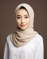 Beautiful asian girl wearing long hijab standing in plain background AI generative photo