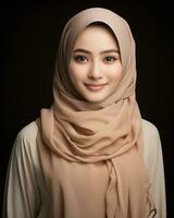 Beautiful asian girl wearing long hijab standing in plain background AI generative photo