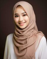 hermosa asiático niña vistiendo largo hijab en pie en llanura antecedentes ai generativo foto