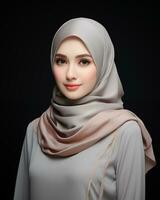 Beautiful asian girl wearing long hijab standing in plain background AI generative photo