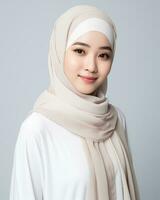 Beautiful asian girl wearing long hijab standing in plain background AI generative photo