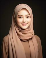 Beautiful asian girl wearing long hijab standing in plain background AI generative photo