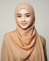 Beautiful asian girl wearing long hijab standing in plain background AI generative photo