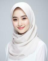 Beautiful asian girl wearing long hijab standing in plain background AI generative photo