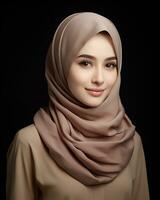 Beautiful asian girl wearing long hijab standing in plain background AI generative photo