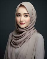 Beautiful asian girl wearing long hijab standing in plain background AI generative photo