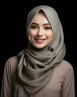 Beautiful asian girl wearing long hijab standing in plain background AI generative photo