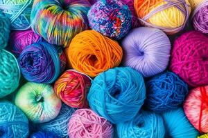 Multi-colored balls of thread for knitting. Neural network AI generated photo