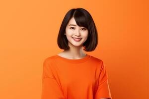 Beautiful and cheerful asian girl standing in front of isolated plain background AI generative photo