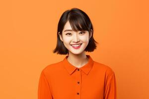 Beautiful and cheerful asian girl standing in front of isolated plain background AI generative photo