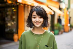 Beautiful and cheerful asian girl standing in sidewalk AI generative photo