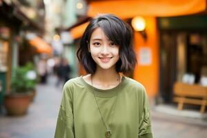 Beautiful and cheerful asian girl standing in sidewalk AI generative photo