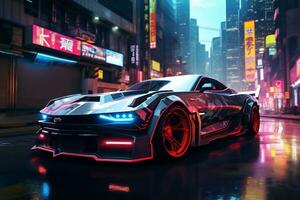 Future cars in a cyberpunk city with sparkling neon lights AI generative photo