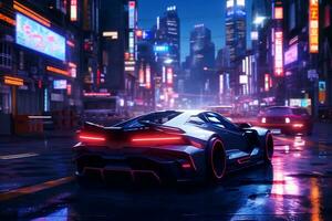 Future cars in a cyberpunk city with sparkling neon lights AI generative photo