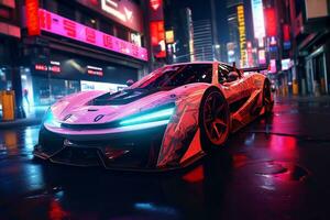 Future cars in a cyberpunk city with sparkling neon lights AI generative photo