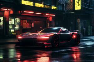 Future cars in a cyberpunk city with sparkling neon lights AI generative photo