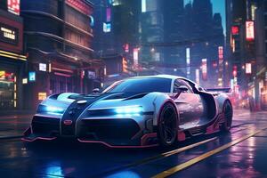 futuro carros en un cyberpunk ciudad con espumoso neón luces ai generativo foto