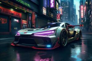 Future cars in a cyberpunk city with sparkling neon lights AI generative photo