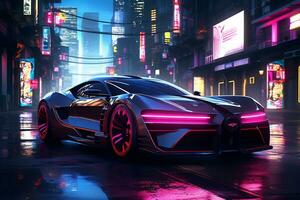 futuro carros en un cyberpunk ciudad con espumoso neón luces ai generativo foto