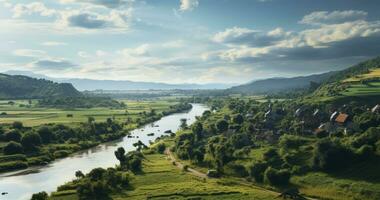 Bucolic Beauty - A Riverside Village Viewed from Afar. Generative AI photo