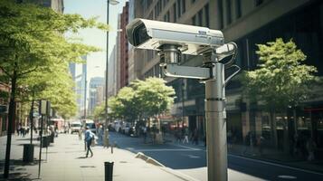 el papel de vigilancia cámaras en público cuadrado seguridad. vigilancia cámaras como centinelas de seguridad. generativo ai foto