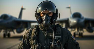 Listo para el cielo - combatiente piloto a aeródromo vistiendo máscara y casco. generativo ai foto