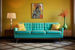 a retro inspired living room a vibrant patterned retro style AI generative photo