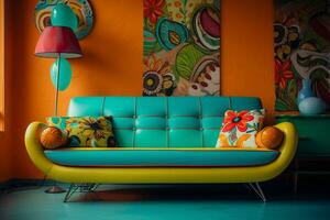 a retro inspired living room a vibrant patterned retro style AI generative photo