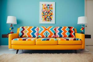 a retro inspired living room a vibrant patterned retro style AI generative photo