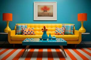 a retro inspired living room a vibrant patterned retro style AI generative photo