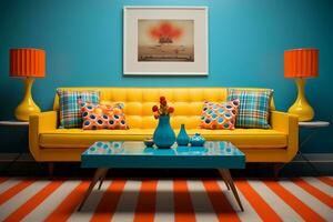 a retro inspired living room a vibrant patterned retro style AI generative photo