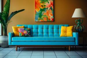 a retro inspired living room a vibrant patterned retro style AI generative photo