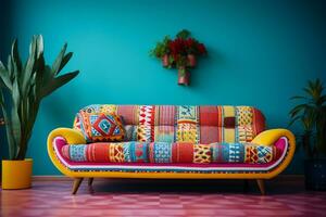 a retro inspired living room a vibrant patterned retro style AI generative photo