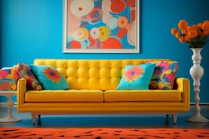 a retro inspired living room a vibrant patterned retro style AI generative photo