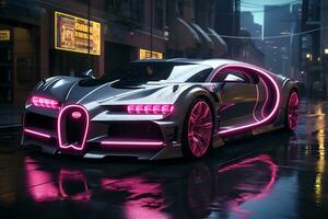 futuro carros en un cyberpunk ciudad con espumoso neón luces ai generativo foto