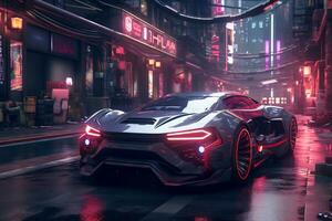 futuro carros en un cyberpunk ciudad con espumoso neón luces ai generativo foto