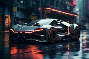 futuro carros en un cyberpunk ciudad con espumoso neón luces ai generativo foto