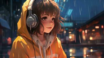 Cartoon lofi young manga style girl while listening to music in the rain AI generative photo