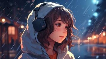 dibujos animados lofi joven manga estilo niña mientras escuchando a música en el lluvia ai generativo foto